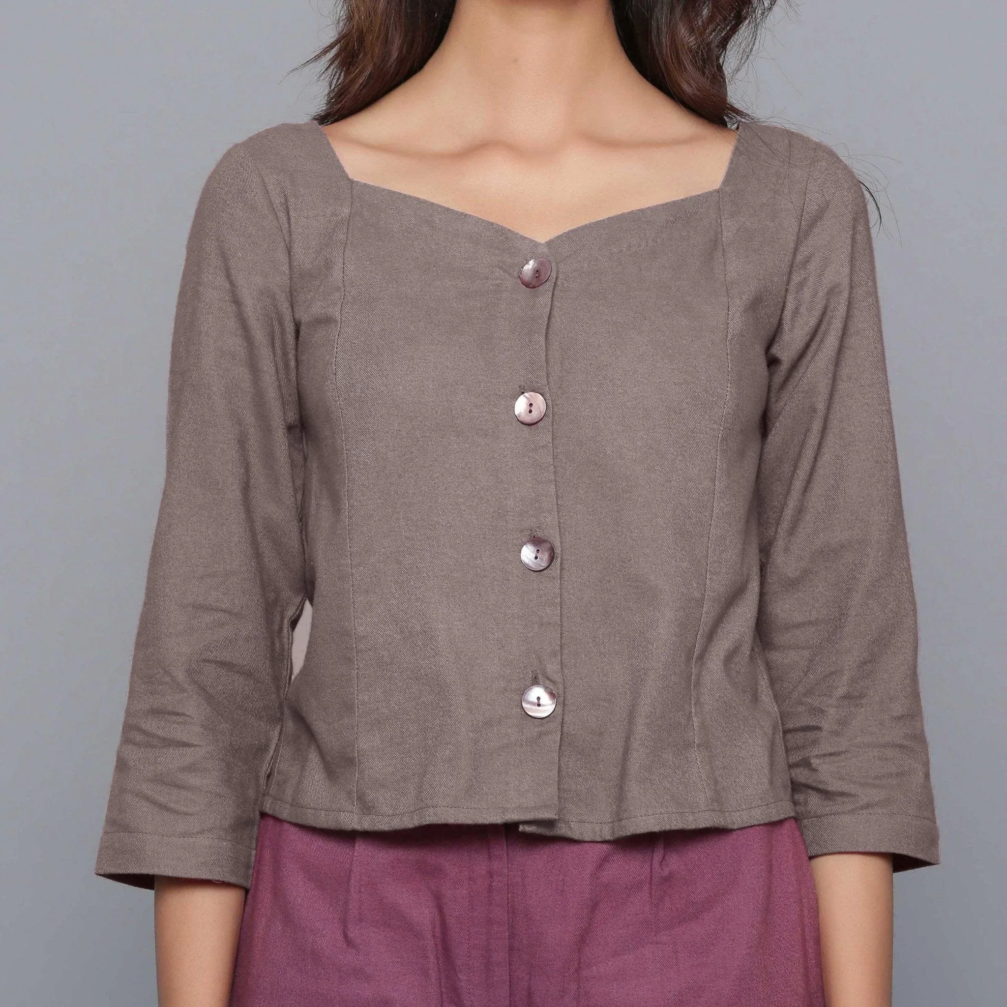 Ash Grey Warm Cotton Flannel Sweetheart Neck Top