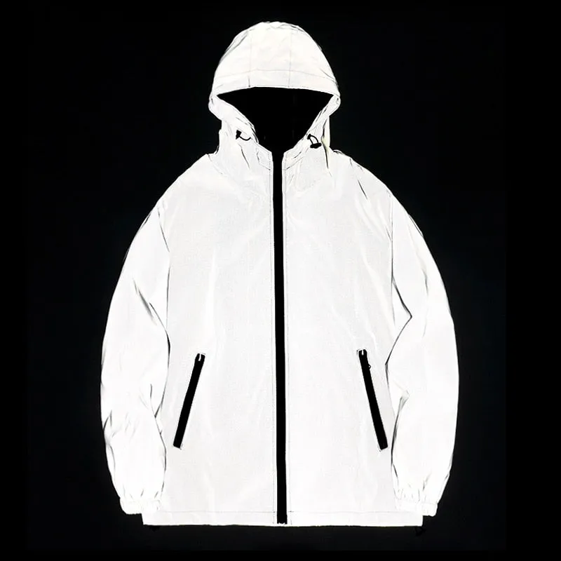 Ashore Shop Night Reflective Jackets Double fabric Windbreaker Hooded Jacket Men Hip Hop Dancer singer Waterproof Zipper Coats Outwear