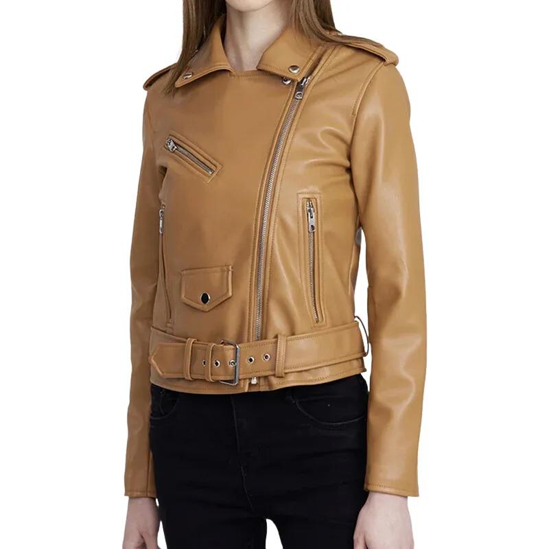 Autumn Short Leather Jacket Women Pink Solid Turn-down Collar Slim Coat Female Zipper Belt Pockets Street Ladies Biker Jacket women