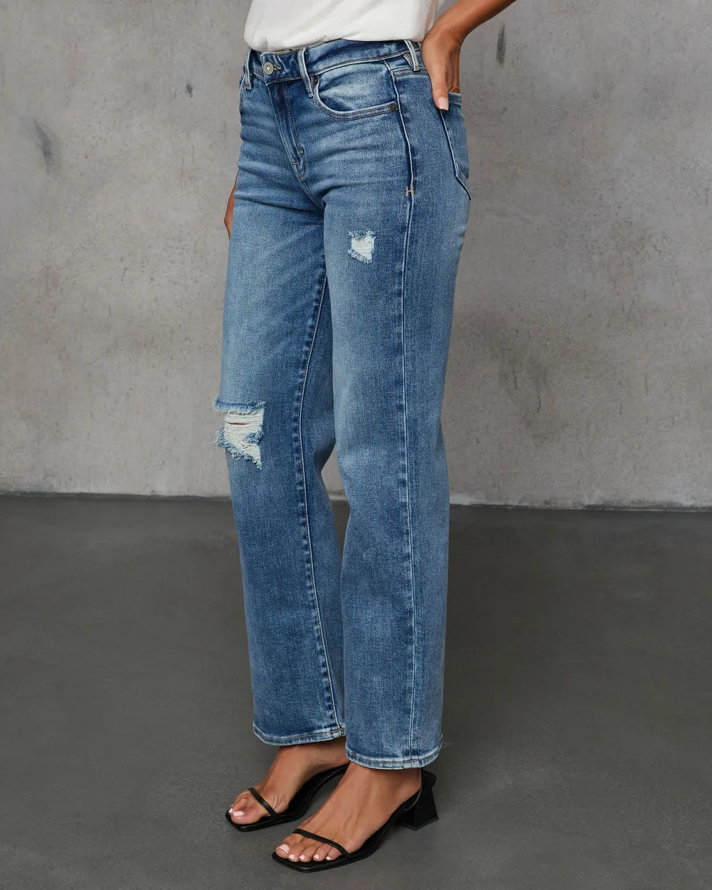 Ayda Distressed Mid Rise Straight Leg Jeans