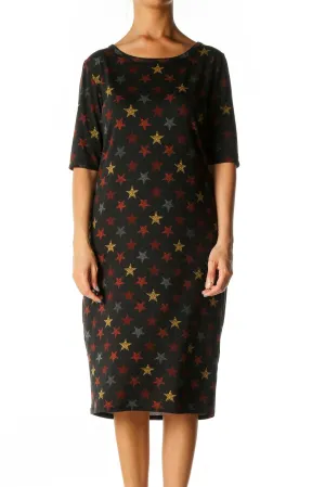 Black Object Print Casual Shift Dress