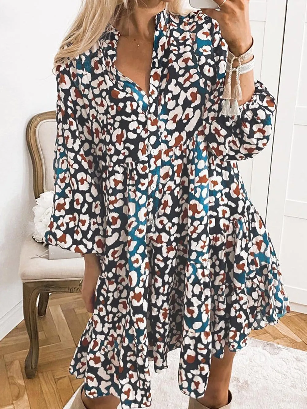 Blue Leopard Print Ruffled Shirt Dress with Bubble Sleeves