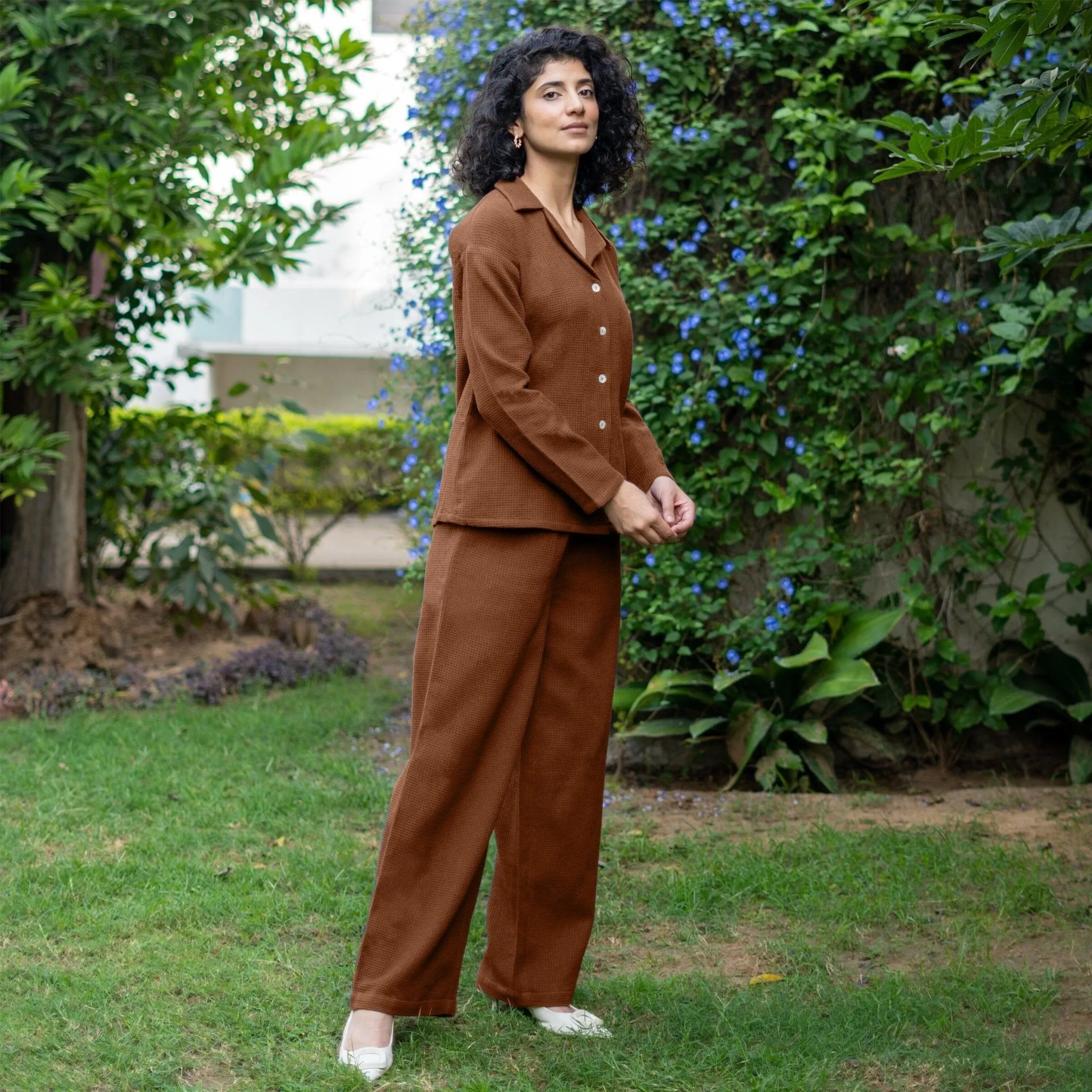 Brown Warm Cotton Waffle Button-Down Shirt