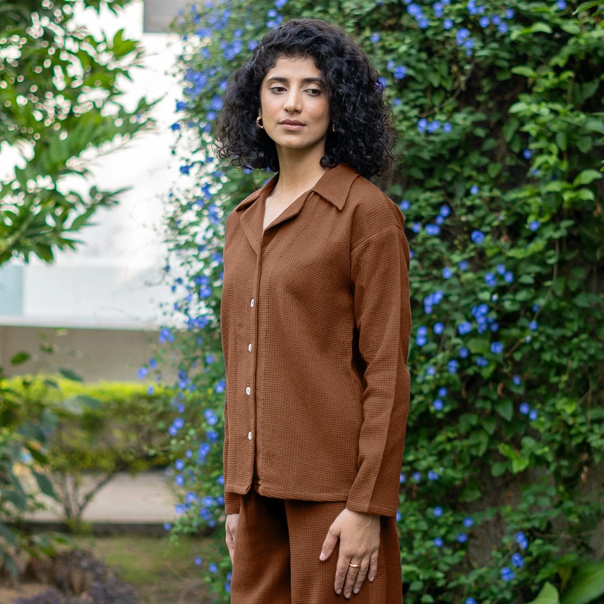 Brown Warm Cotton Waffle Button-Down Shirt