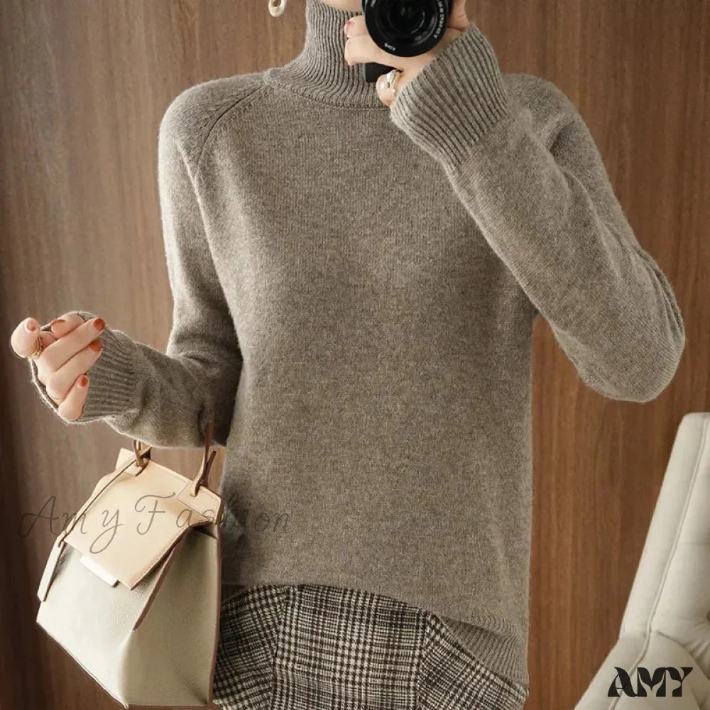 Fashion Basic Autumn Winter Merino Wool Mock Neck Cashmere Pullover Soft Long Sleeve Sweater