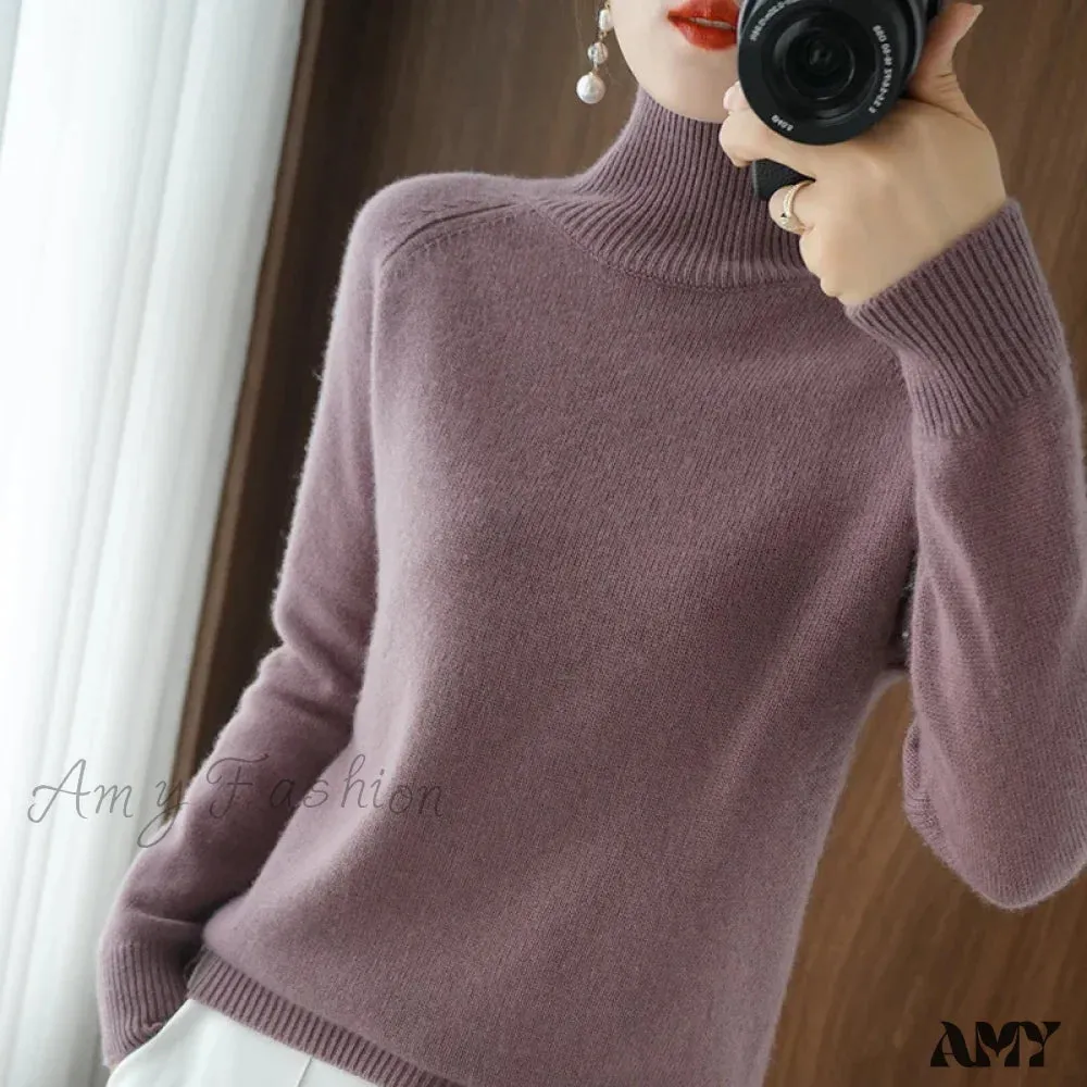 Fashion Basic Autumn Winter Merino Wool Mock Neck Cashmere Pullover Soft Long Sleeve Sweater