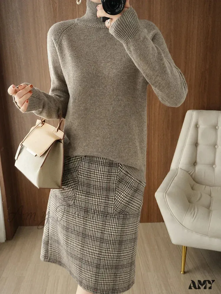 Fashion Basic Autumn Winter Merino Wool Mock Neck Cashmere Pullover Soft Long Sleeve Sweater