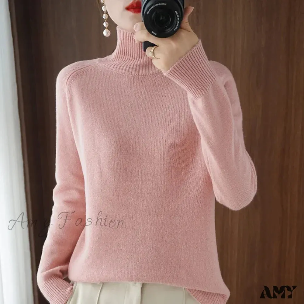 Fashion Basic Autumn Winter Merino Wool Mock Neck Cashmere Pullover Soft Long Sleeve Sweater