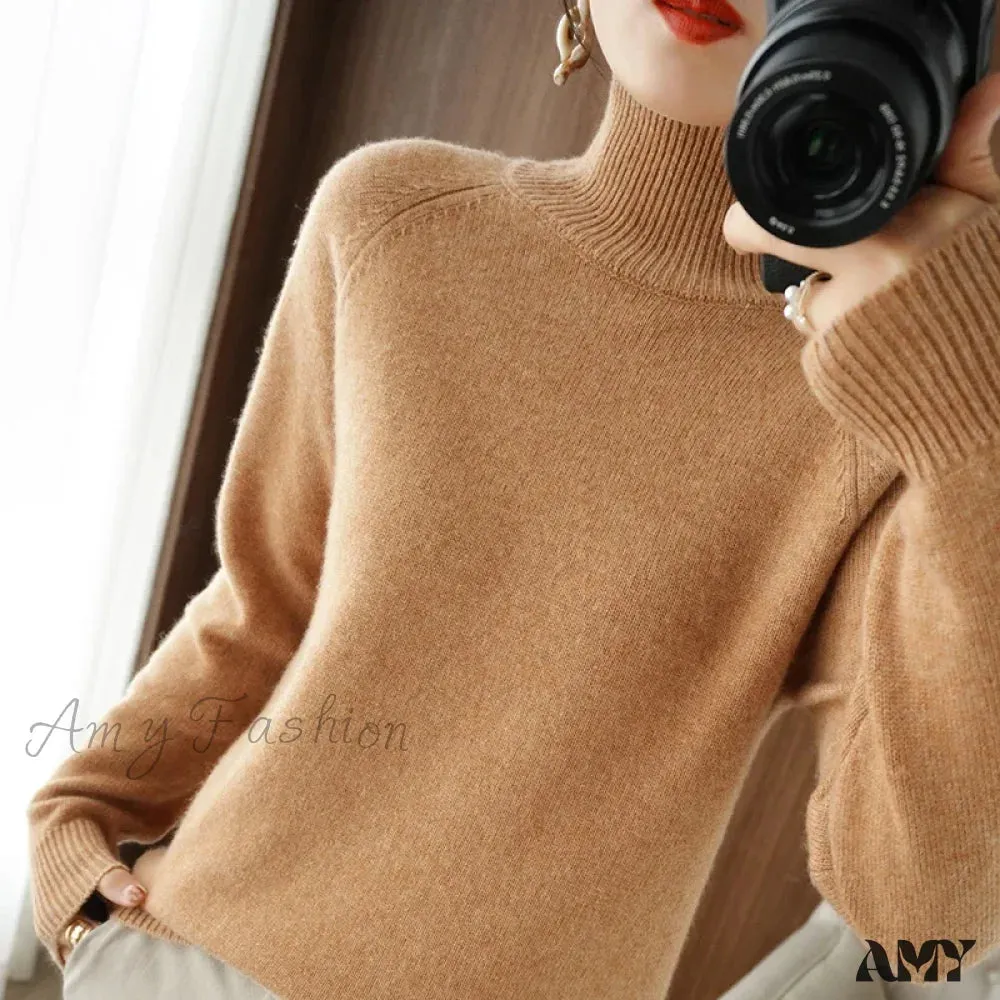 Fashion Basic Autumn Winter Merino Wool Mock Neck Cashmere Pullover Soft Long Sleeve Sweater