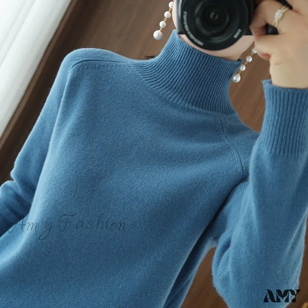 Fashion Basic Autumn Winter Merino Wool Mock Neck Cashmere Pullover Soft Long Sleeve Sweater