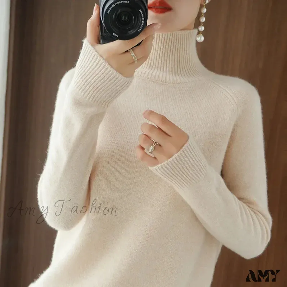 Fashion Basic Autumn Winter Merino Wool Mock Neck Cashmere Pullover Soft Long Sleeve Sweater