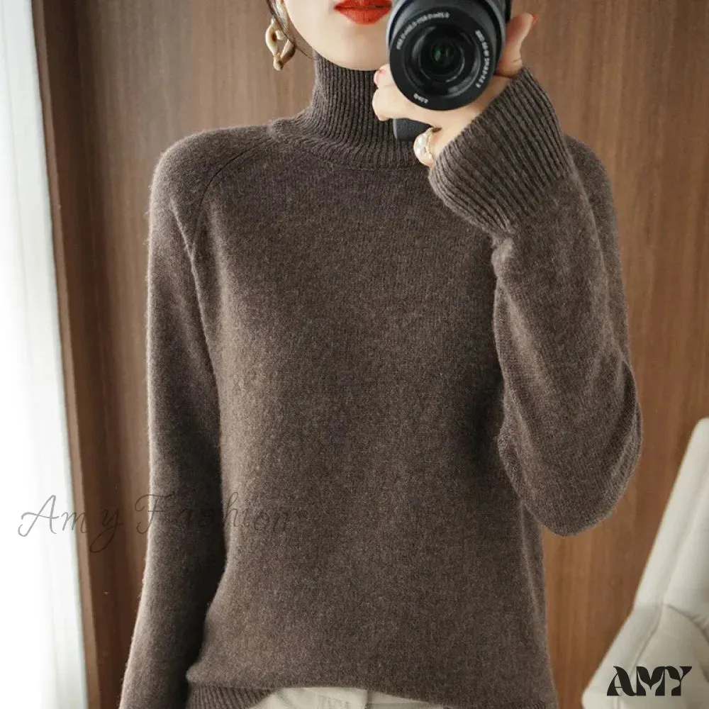 Fashion Basic Autumn Winter Merino Wool Mock Neck Cashmere Pullover Soft Long Sleeve Sweater