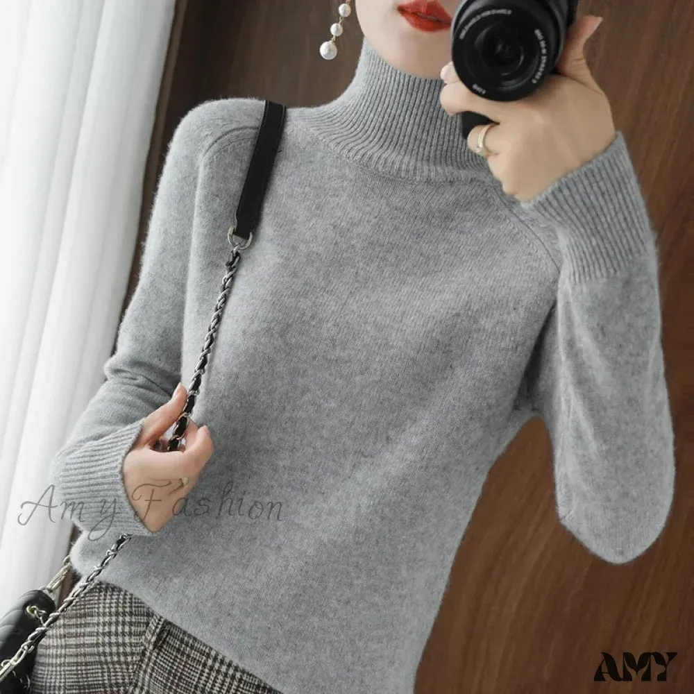 Fashion Basic Autumn Winter Merino Wool Mock Neck Cashmere Pullover Soft Long Sleeve Sweater