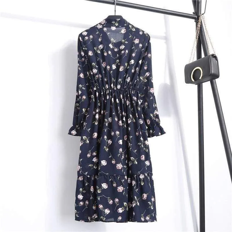 FashionSierra - Summer Autumn Chiffon Print Dress floral Long Bowknot Dresses