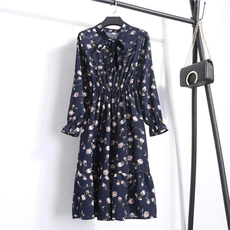 FashionSierra - Summer Autumn Chiffon Print Dress floral Long Bowknot Dresses