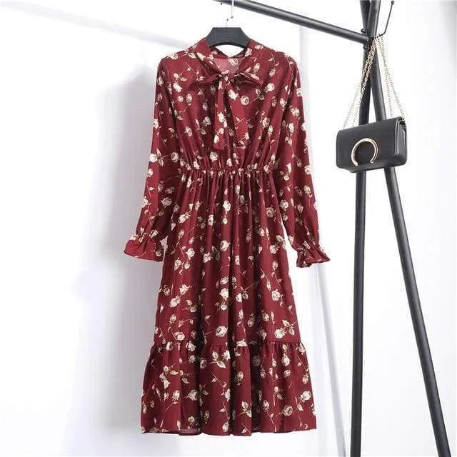 FashionSierra - Summer Autumn Chiffon Print Dress floral Long Bowknot Dresses