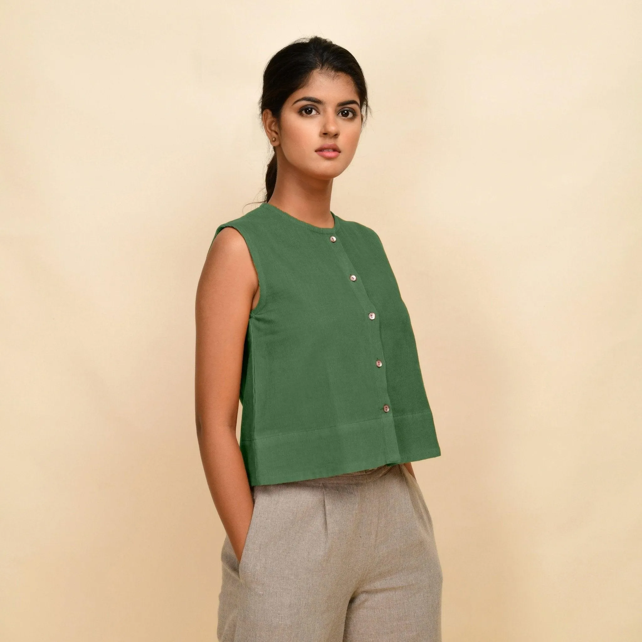 Green Warm Cotton Corduroy Button-Down Short Top