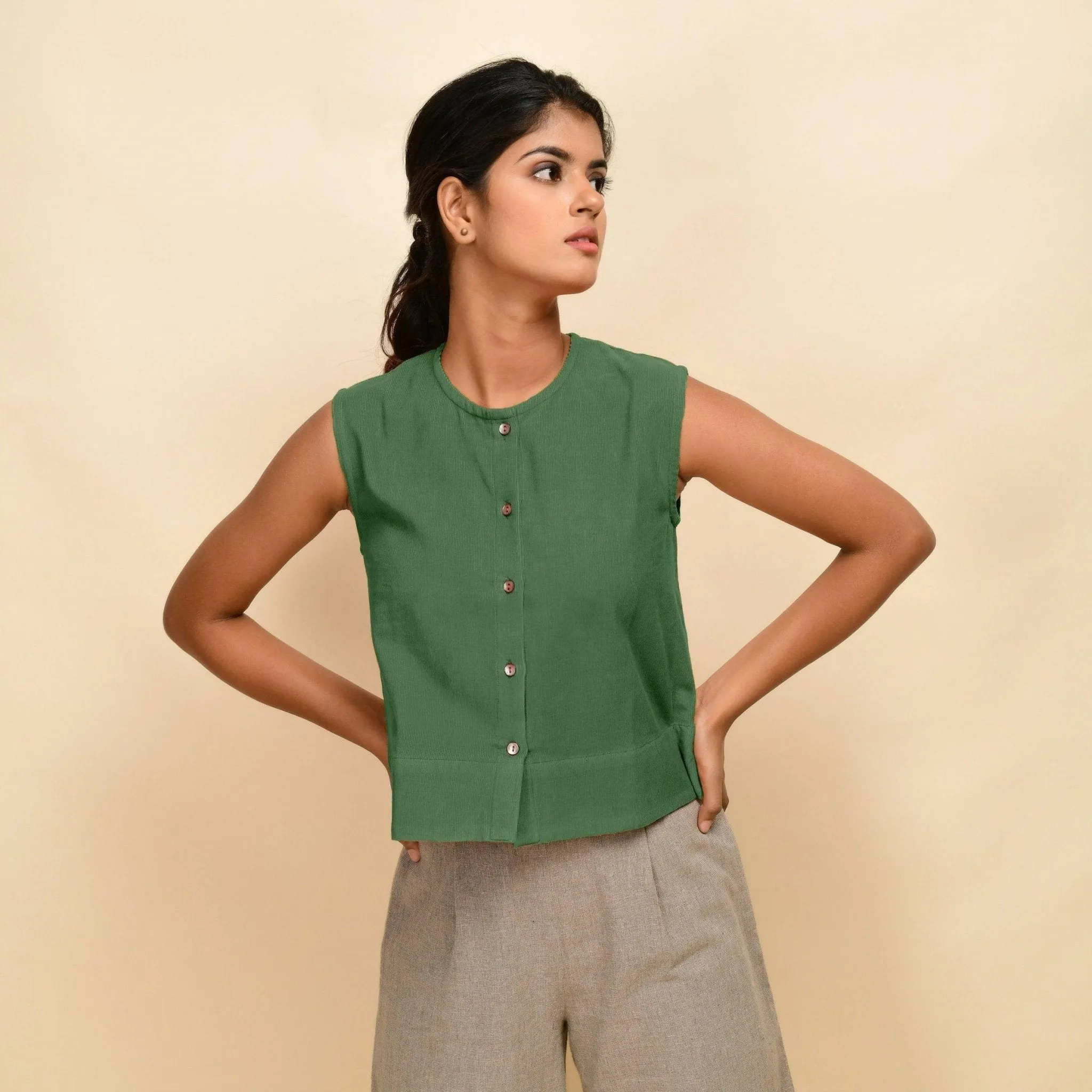 Green Warm Cotton Corduroy Button-Down Short Top