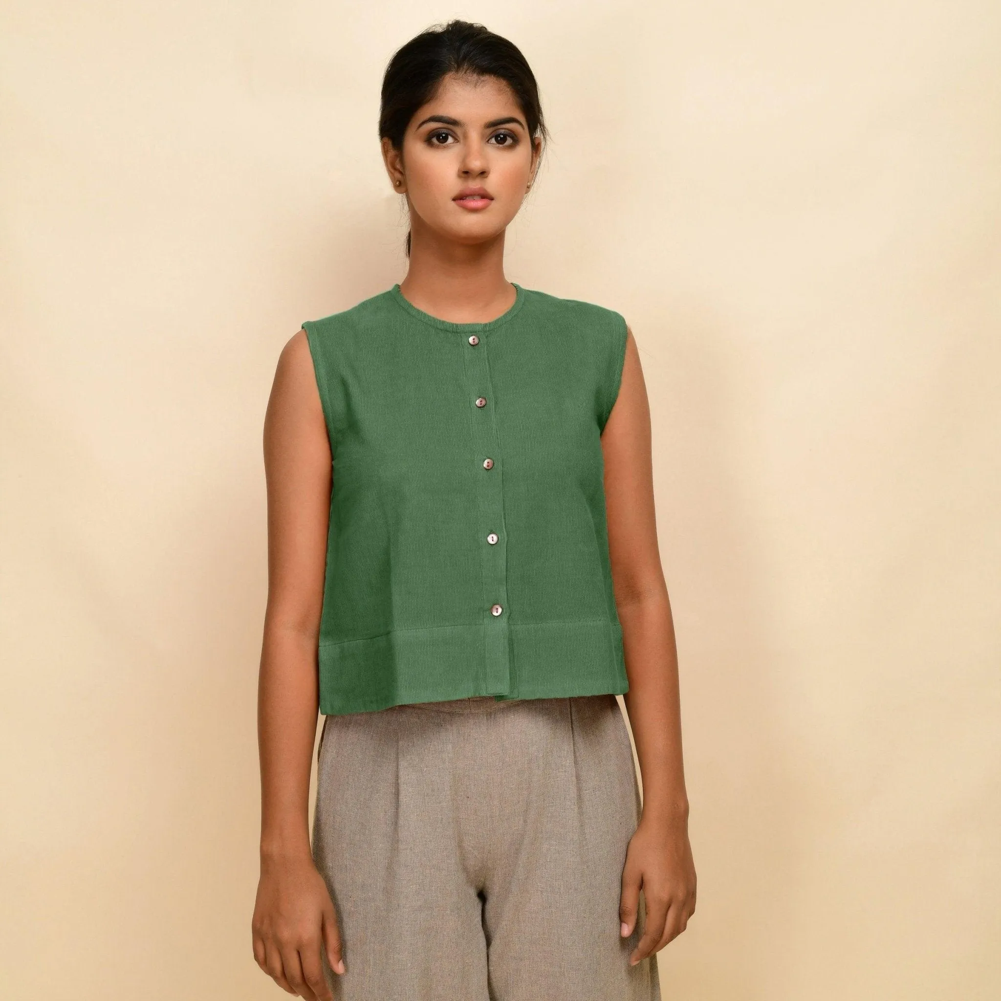 Green Warm Cotton Corduroy Button-Down Short Top