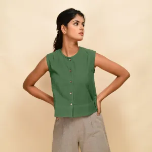 Green Warm Cotton Corduroy Button-Down Short Top