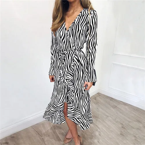 Long Dresses Women Zebra Print Beach Bohemian