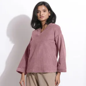 Mauve Striped Cotton Corduroy Warm V-Neck Top