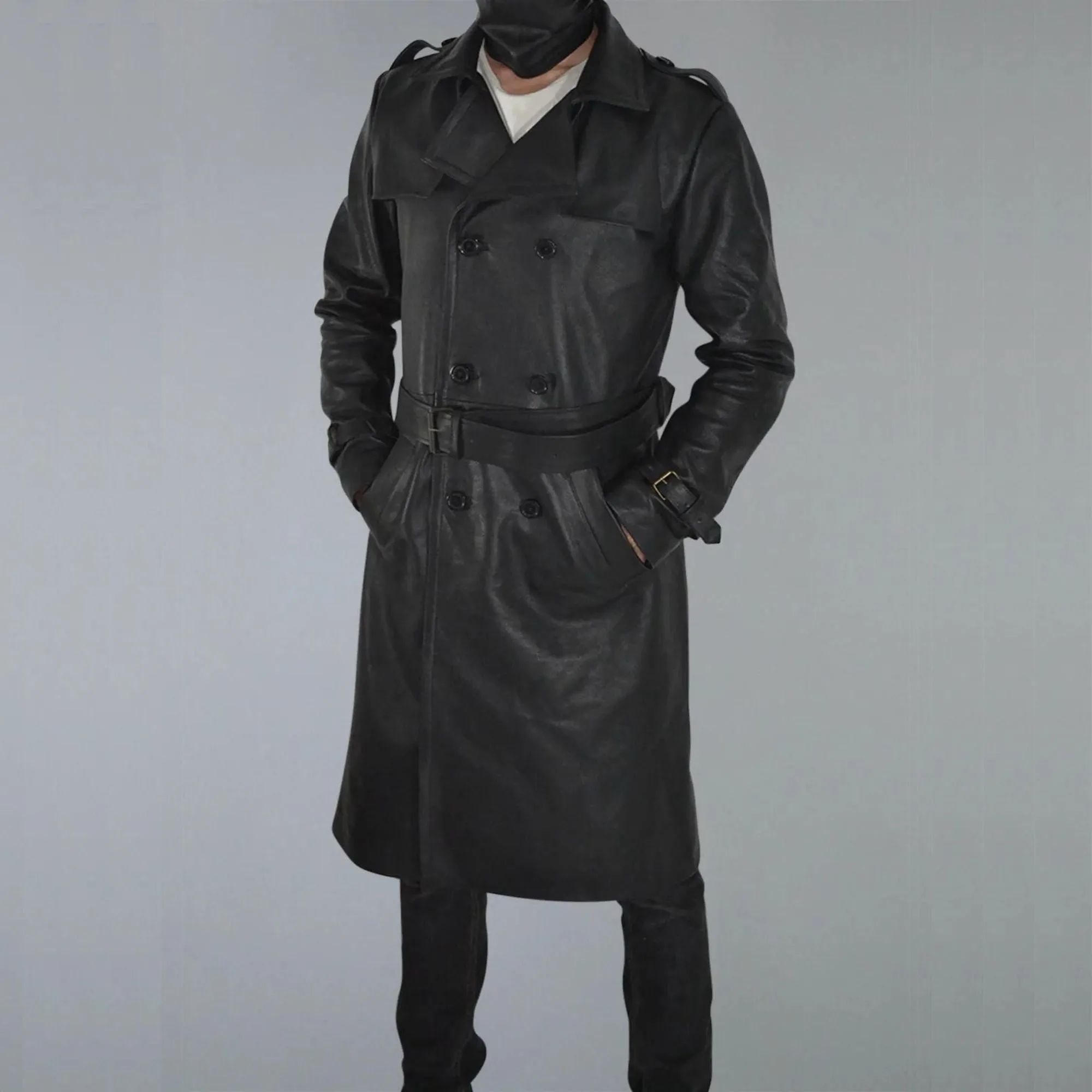 Mens Belted Black Trench Genuine Leather Coat With Lapel Collar