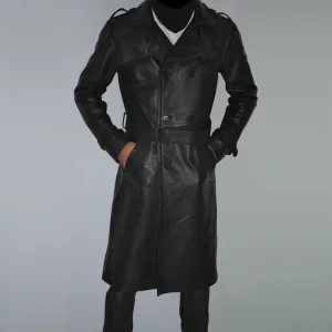 Mens Belted Black Trench Genuine Leather Coat With Lapel Collar