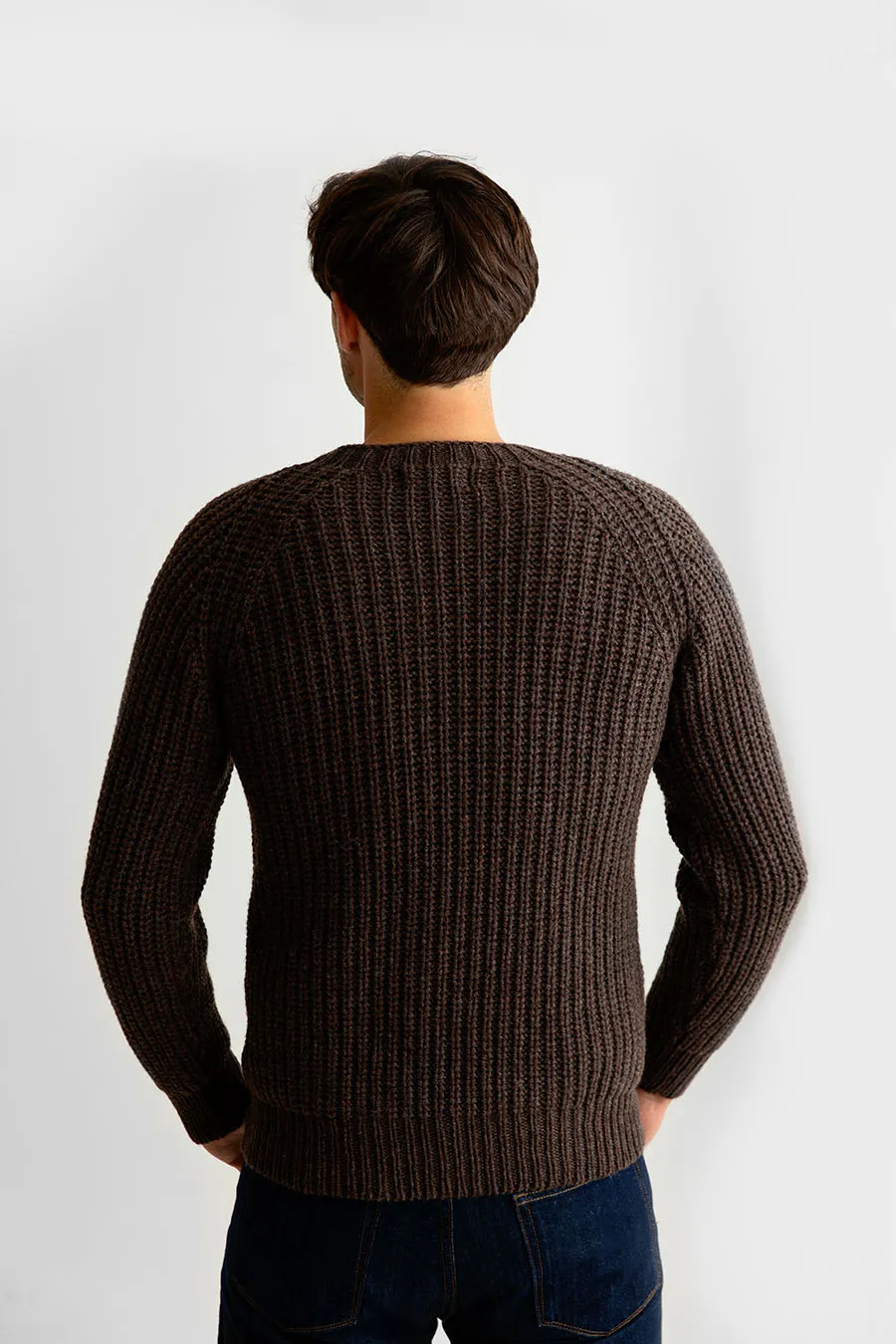 Mens Geelong Superfine Lambswool Fisherman’s Rib Jumper - Brown