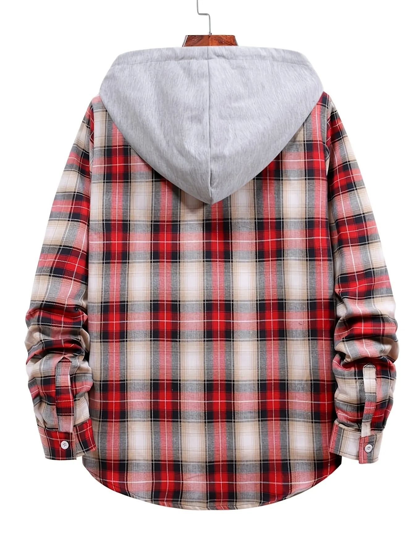 Men's Red Plaid Print Hooded Casual Classic Thermal Fleece Long Sleeve Drawstrings