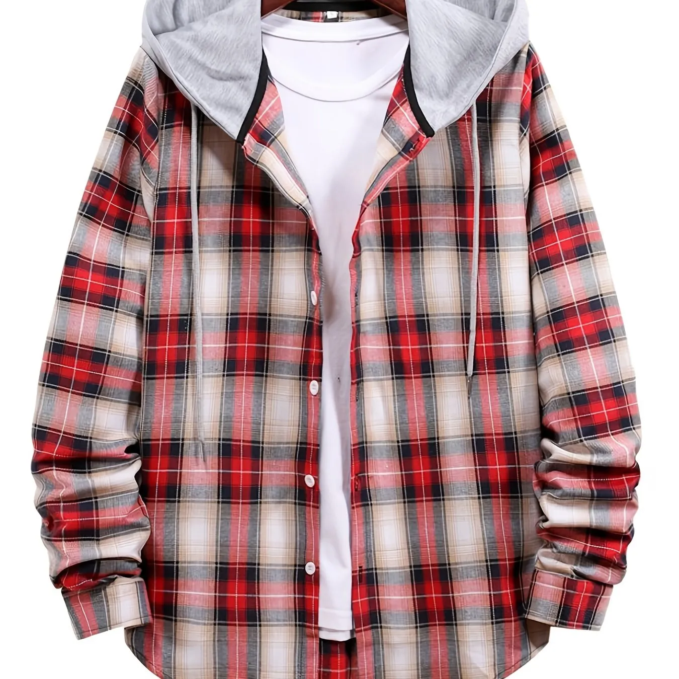 Men's Red Plaid Print Hooded Casual Classic Thermal Fleece Long Sleeve Drawstrings