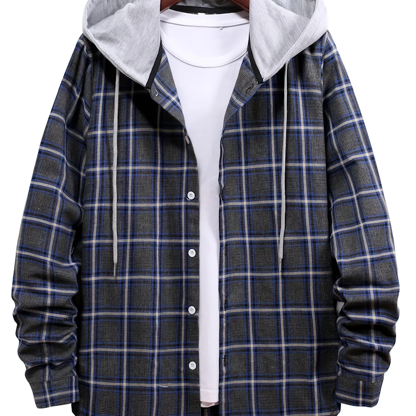 Men's Red Plaid Print Hooded Casual Classic Thermal Fleece Long Sleeve Drawstrings