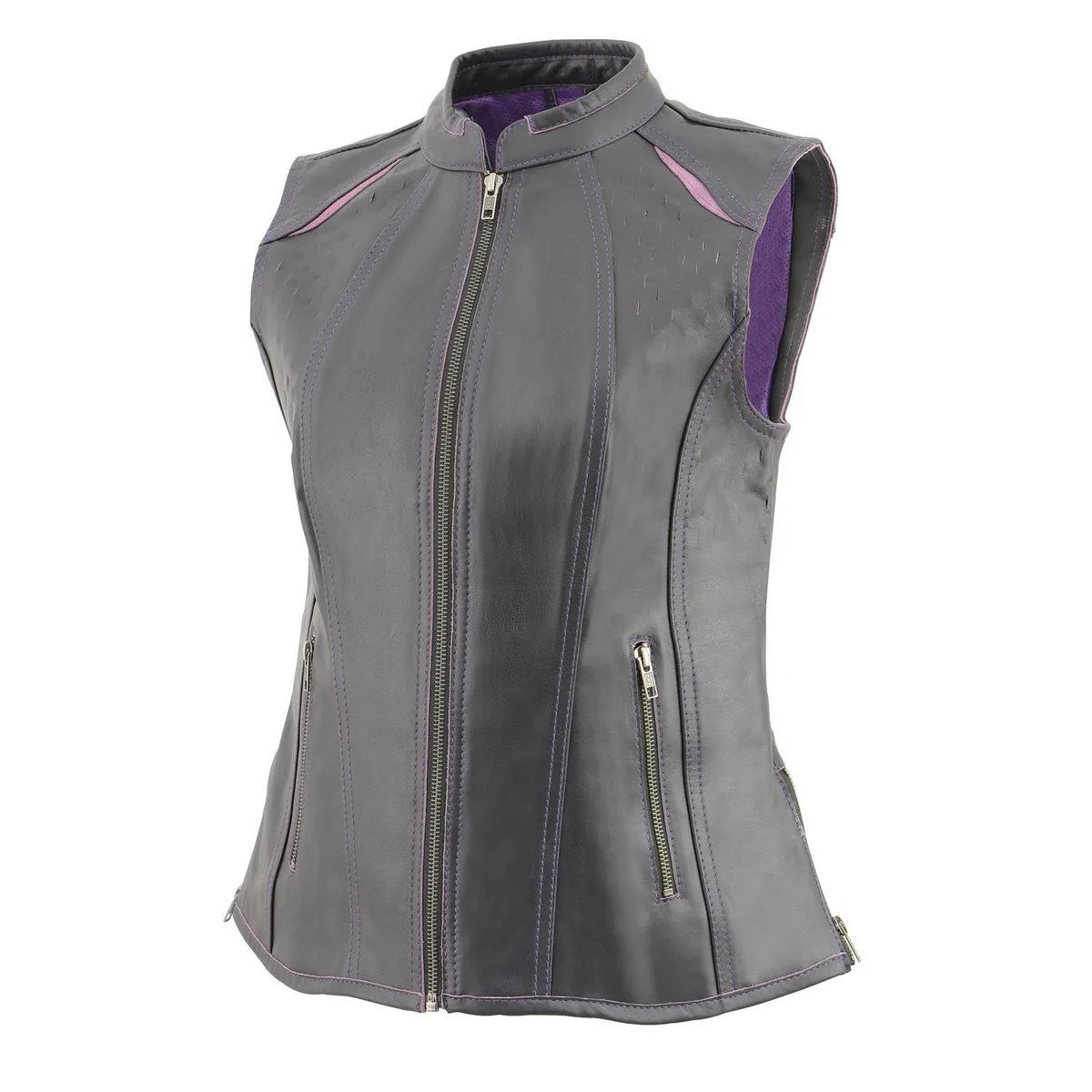 Milwaukee Leather MLL4507 Women's Black Leather Purple Accented Laser Cut Vented Scuba Style Motorcycle Rider Vest