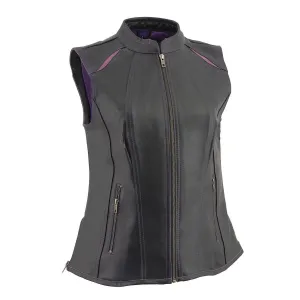 Milwaukee Leather MLL4507 Women's Black Leather Purple Accented Laser Cut Vented Scuba Style Motorcycle Rider Vest