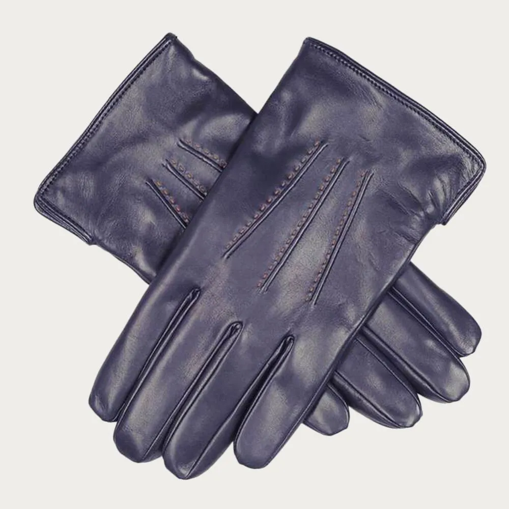 Navy and Tan Leather Gloves - Cashmere Lined