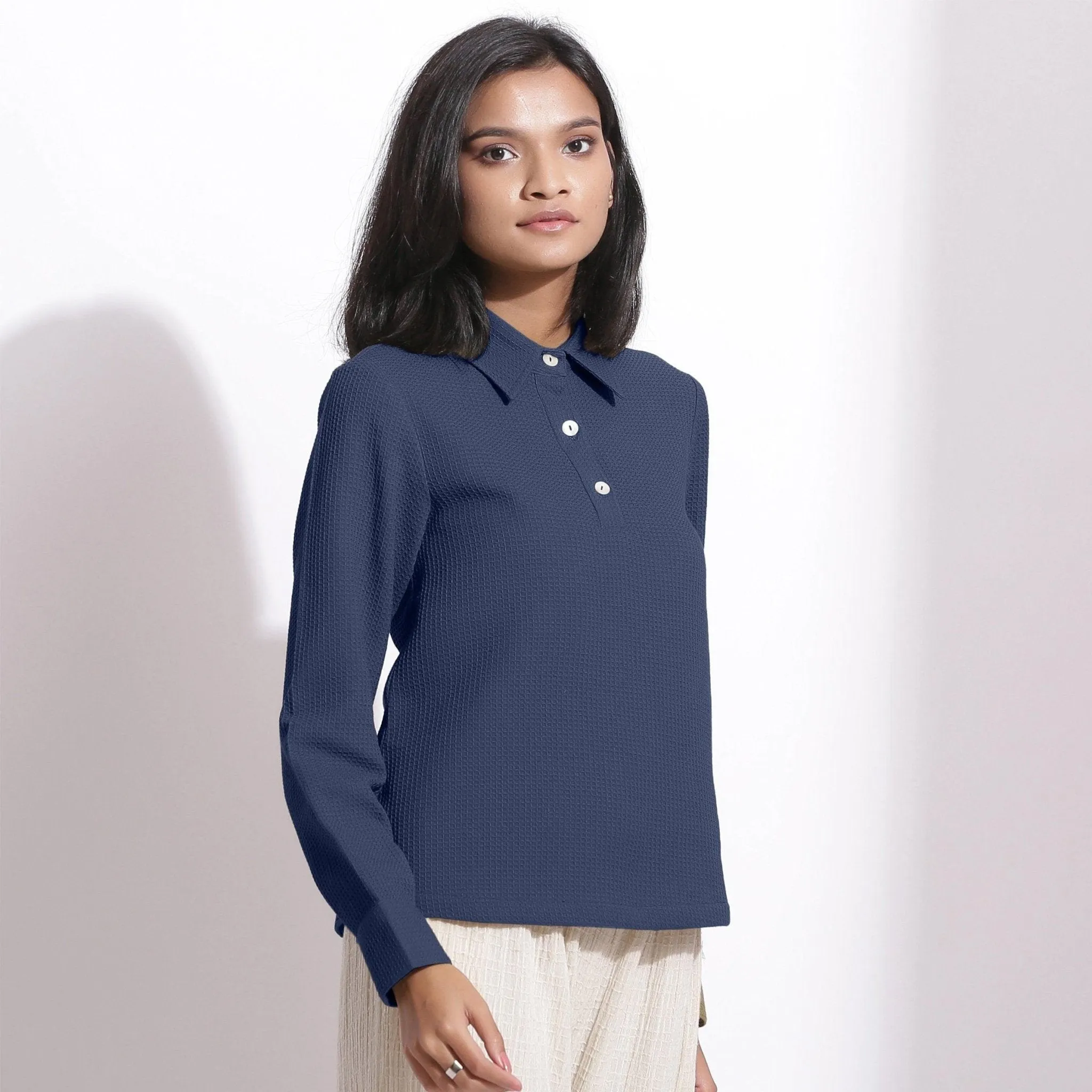 Navy Blue Warm Cotton Honeycomb Waffle Polo Shirt