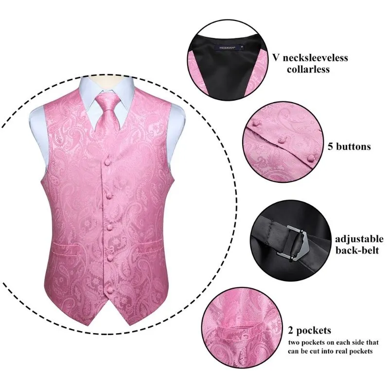 Paisley Suit Vest Tie Handkerchief Set - PINK