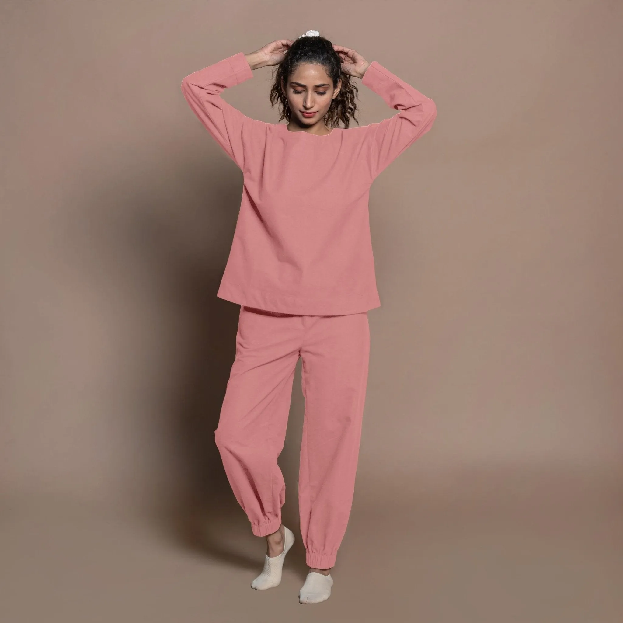 Pink Warm Cotton Flannel Round Neck Sweatshirt