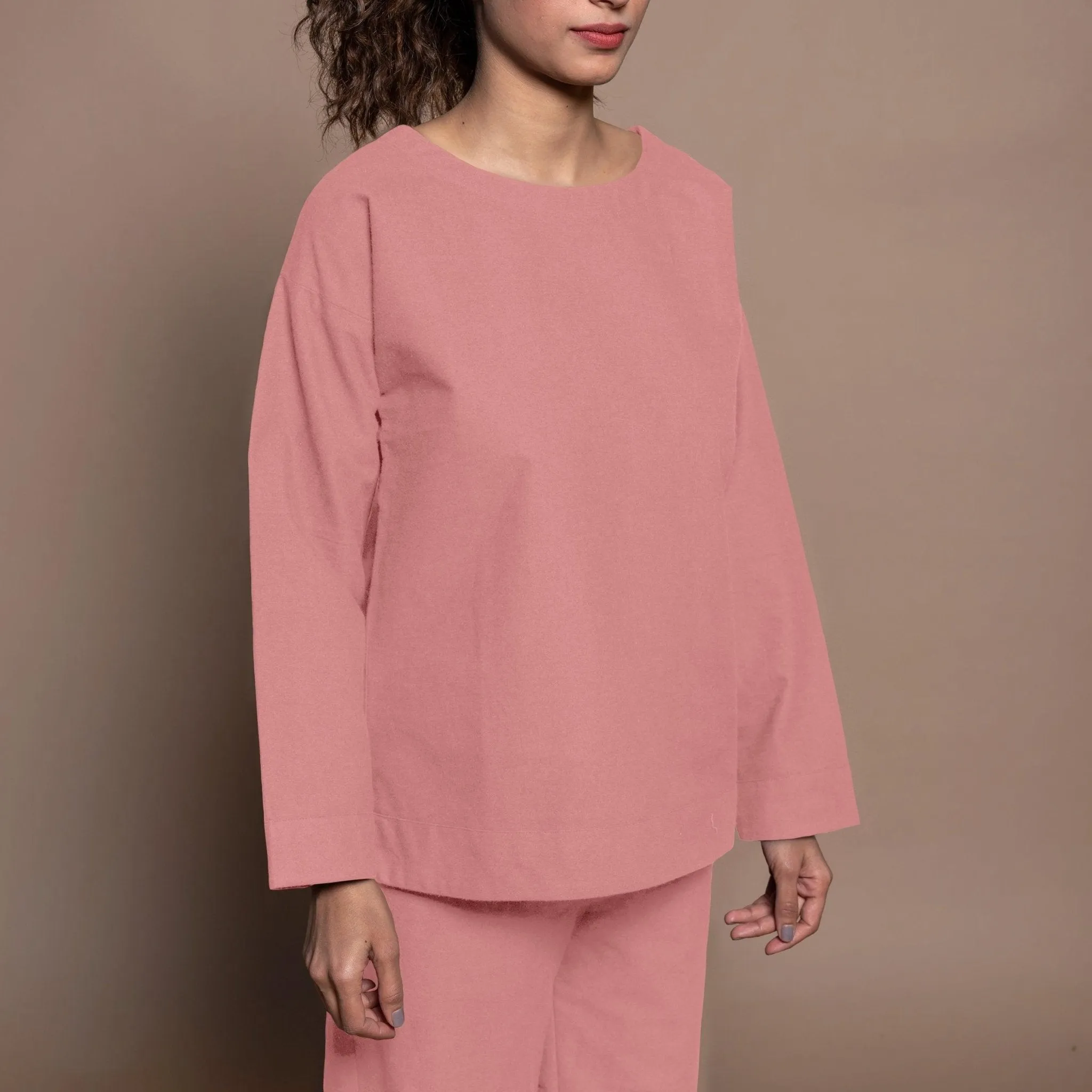 Pink Warm Cotton Flannel Round Neck Sweatshirt