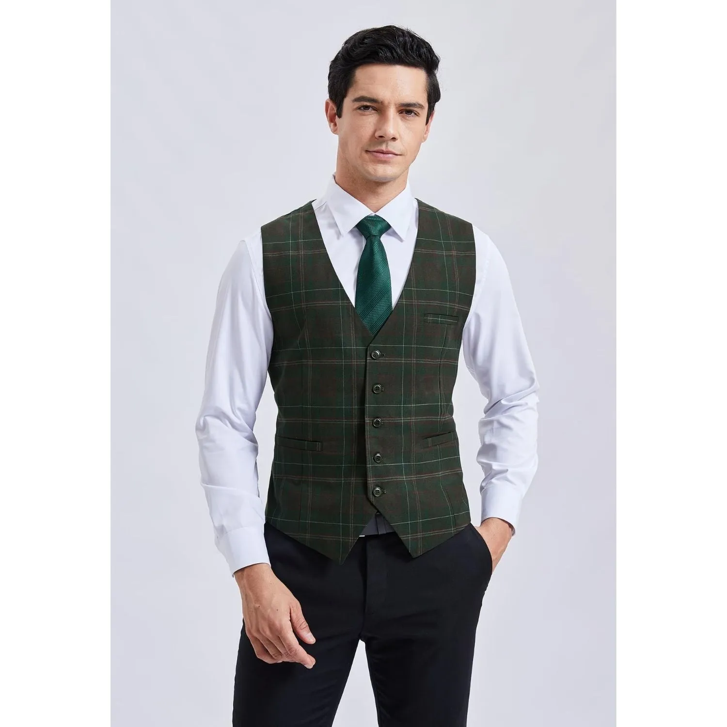 Plaid Slim Suit Vest - GREEN-5