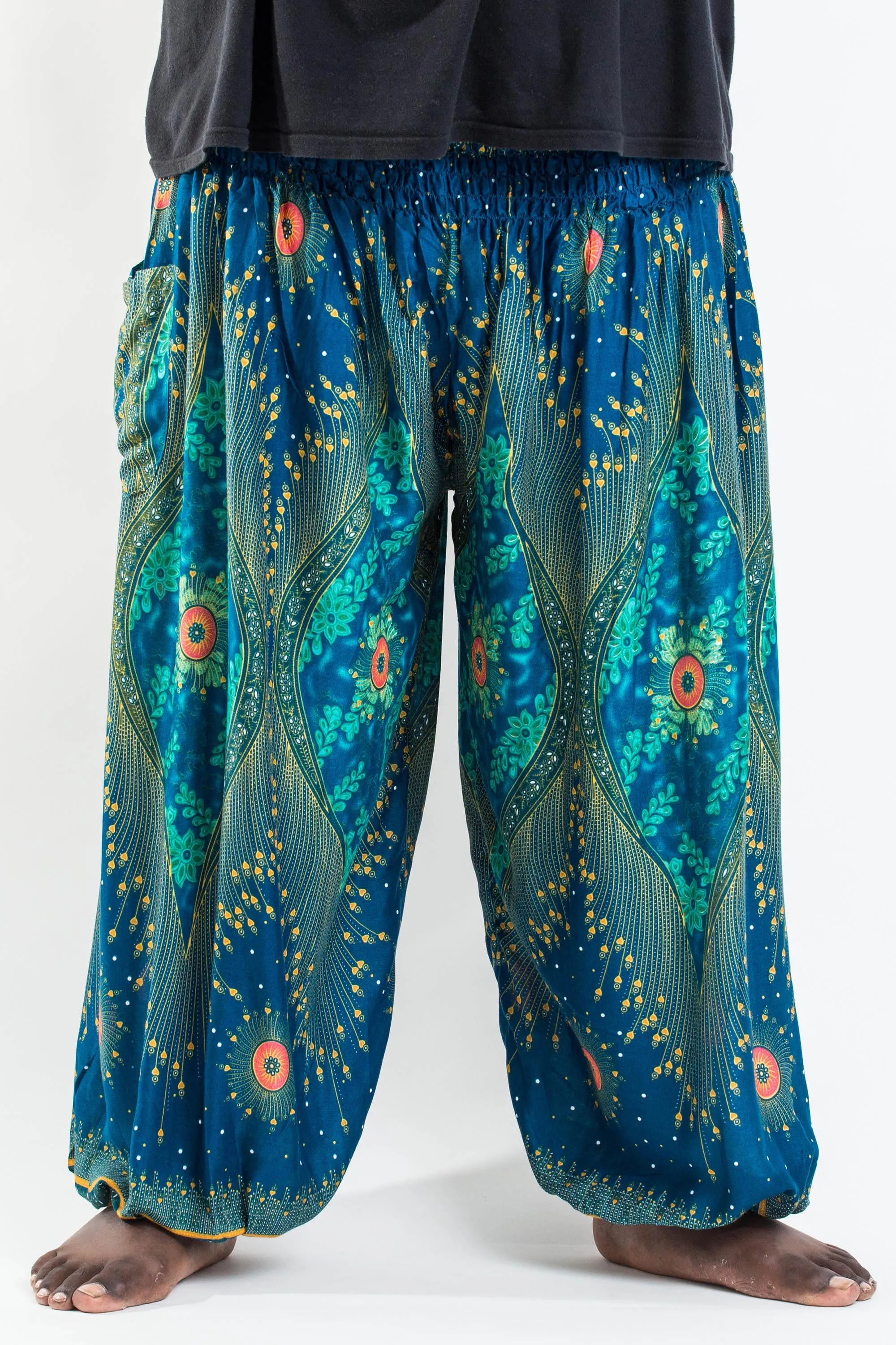 Plus Size Unisex Peacock Eye Harem Pants in Turquoise