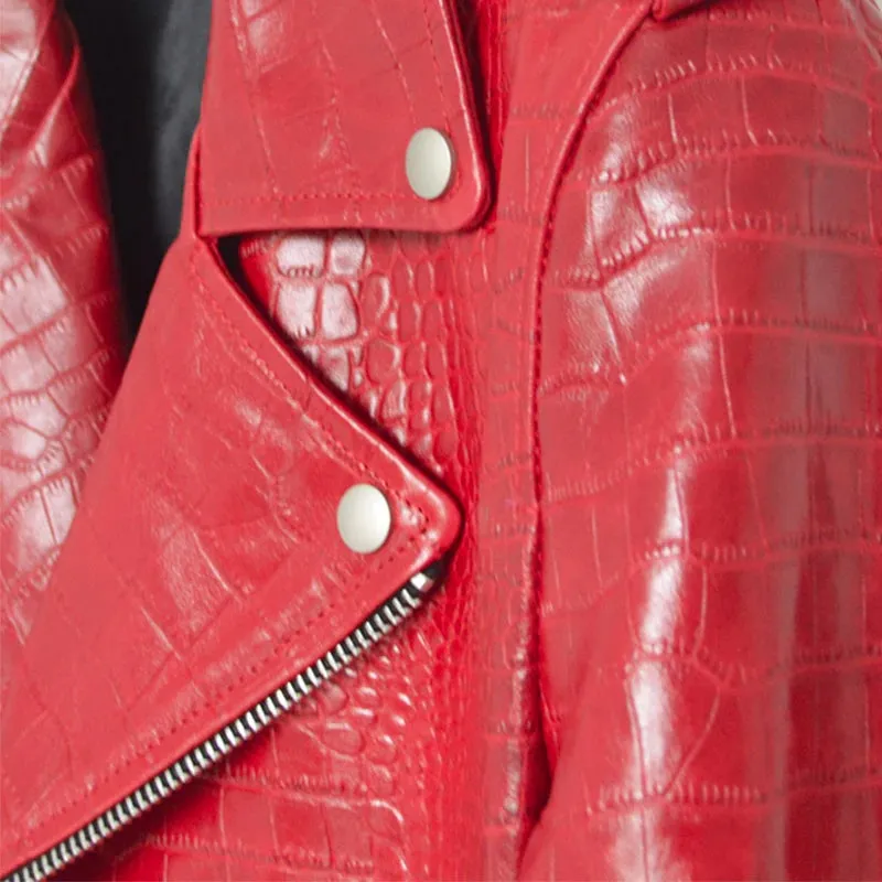 Spring Red Crocodile Pattern Leather Biker Jacket Long Sleeve Zipper Plus Size Designer Men Clothing