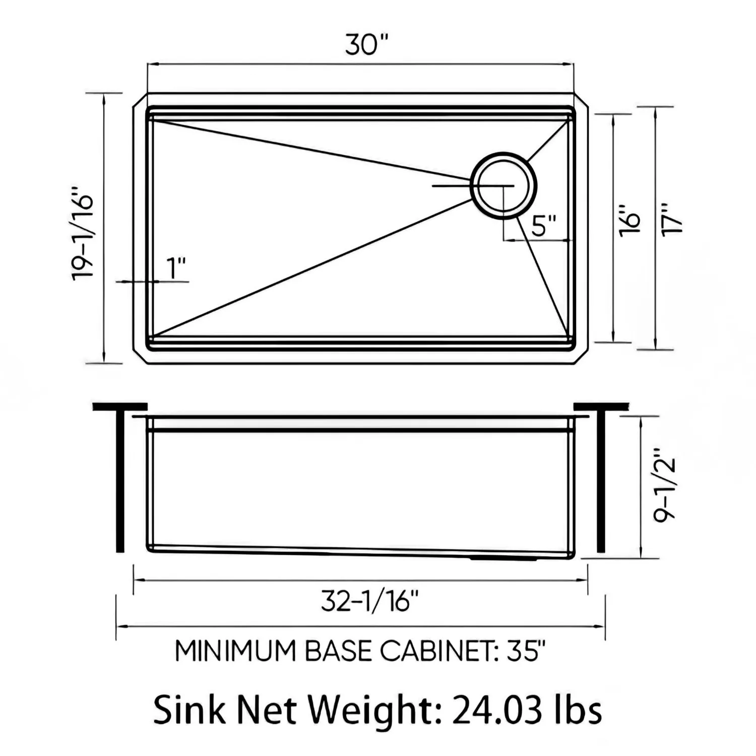 Stainless Steel Single Bowl Rectangle Kitchen Sink 30" & 32"  Wide