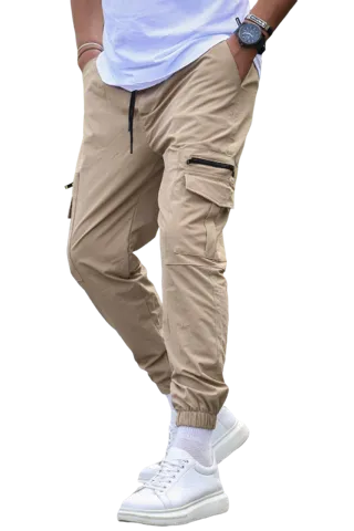 Tan Men's Stretch Cargo Elastic Bottom Joggers 2 Pockets with Zipper Slim Fit