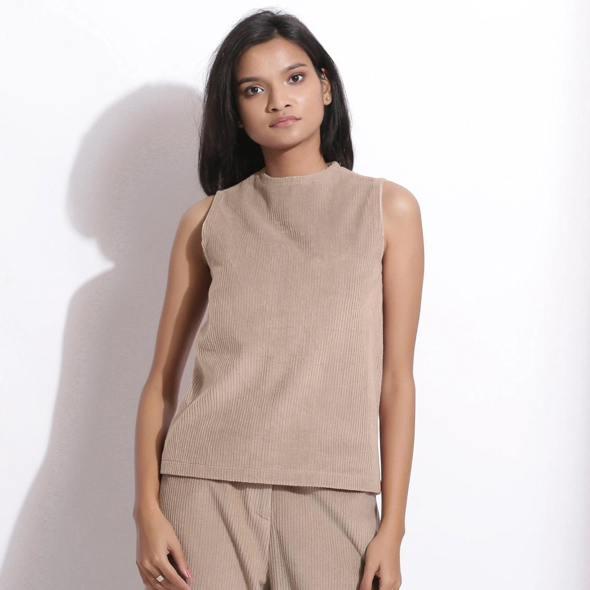 Taupe Beige Warm Cotton Corduroy Funnel Neck Top