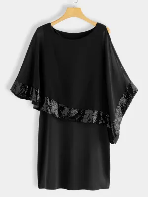 Wholesale Black Crew Neck Half Sleeve Plain Sequins Embellished See Through Casual Dress