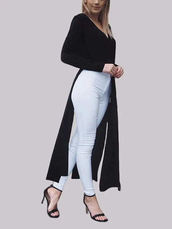 Wholesale Black Crew Neck Long Sleeve Plain Slit Casual Dresses