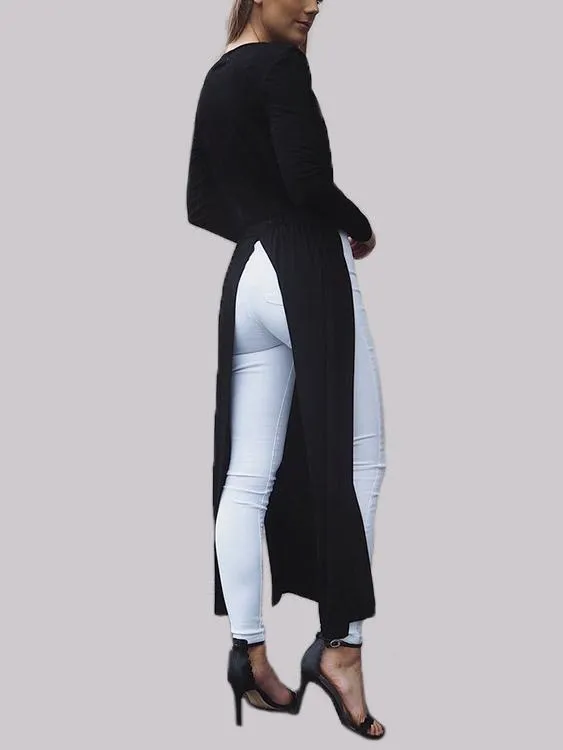 Wholesale Black Crew Neck Long Sleeve Plain Slit Casual Dresses