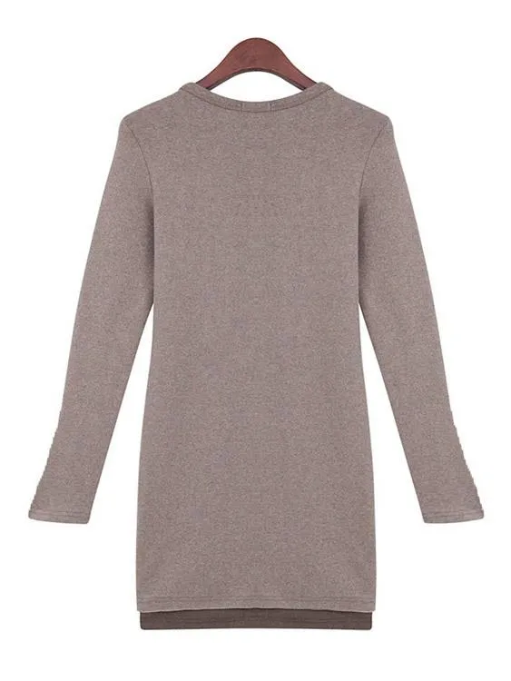 Wholesale Brown Round Neck Long Sleeve Plain Casual Dresses