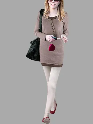 Wholesale Brown Round Neck Long Sleeve Plain Casual Dresses